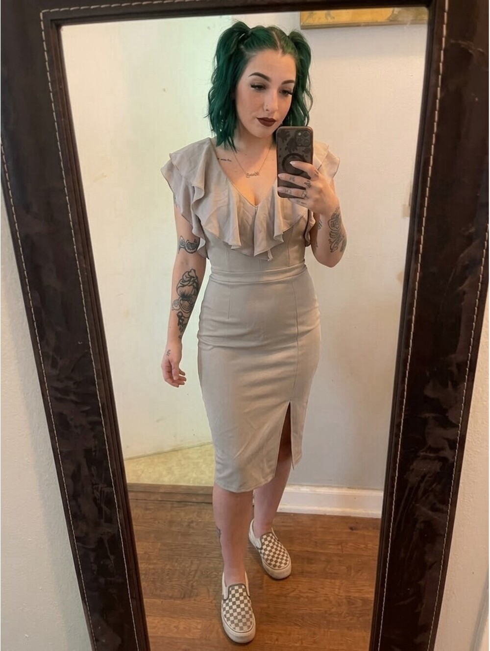 ASOS Gray Ruffle V-Neck Pencil Midi Dress Cap Sleeve NWT Wedding Guest Size 0